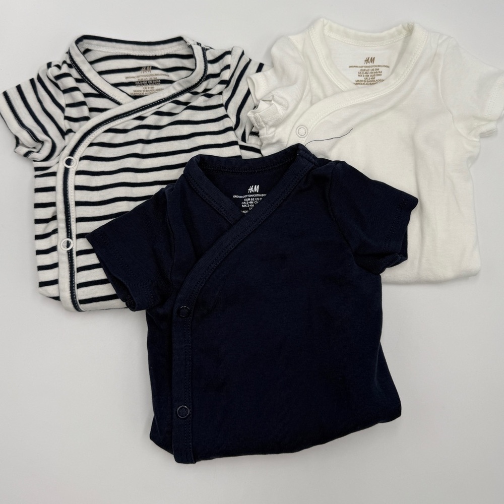 H&M 3 pack Wrapover Organic Bodysuits Baby White Dark Blue Stripes - Picture 11 of 12